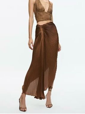 Alice + Olivia Brown Pleated Odelia Asymmetrical Skirt with Twist Detail